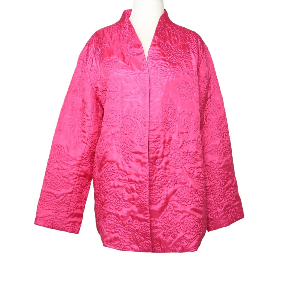 Vintage Liz Baker hot pink satin floral quilt embroidered jacket Large